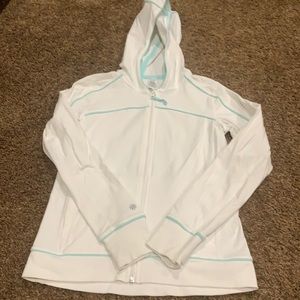 Athleta Girl L12 white & teal spring zip up hoodie